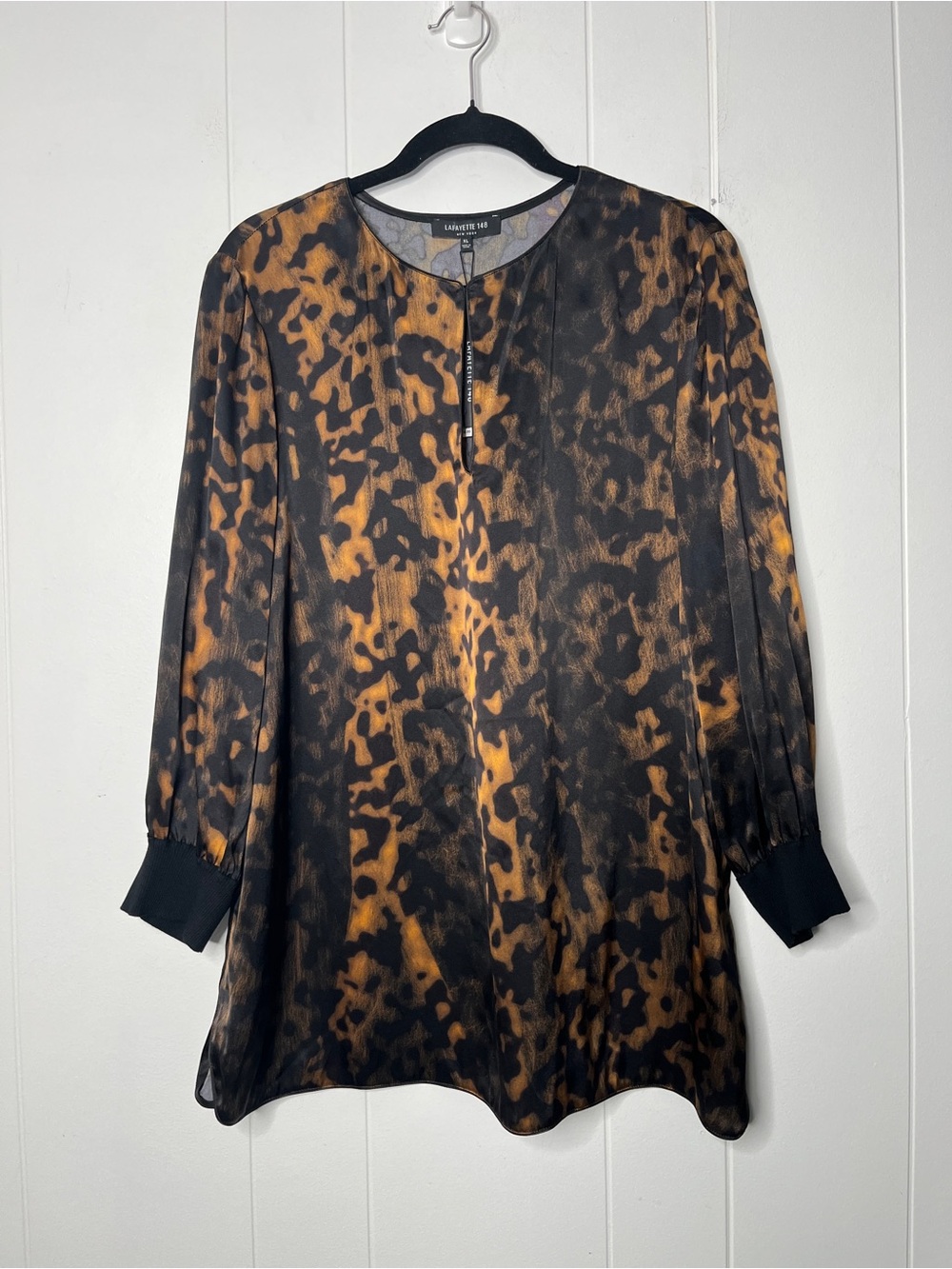 Lafayette 148 New York Silk Black and Brown Animal Print Blouse Size XL
